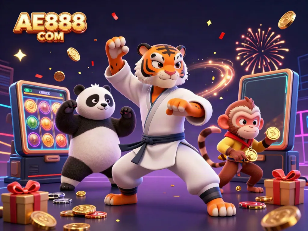 Experience thrilling gaming with the AE888 COM mascot trio amidst colorful slot symbols and lively decorations.