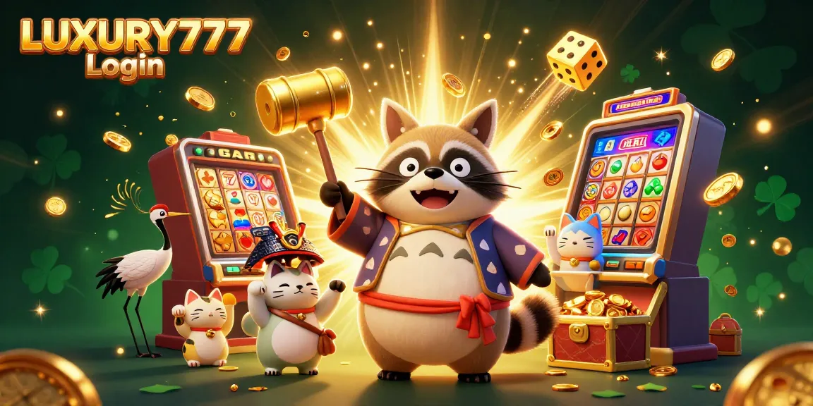 Mengakses LUXURY777 Login sambil bergembira dengan tanuki, crane, dan kucing keberuntungan di kasino yang ramai.