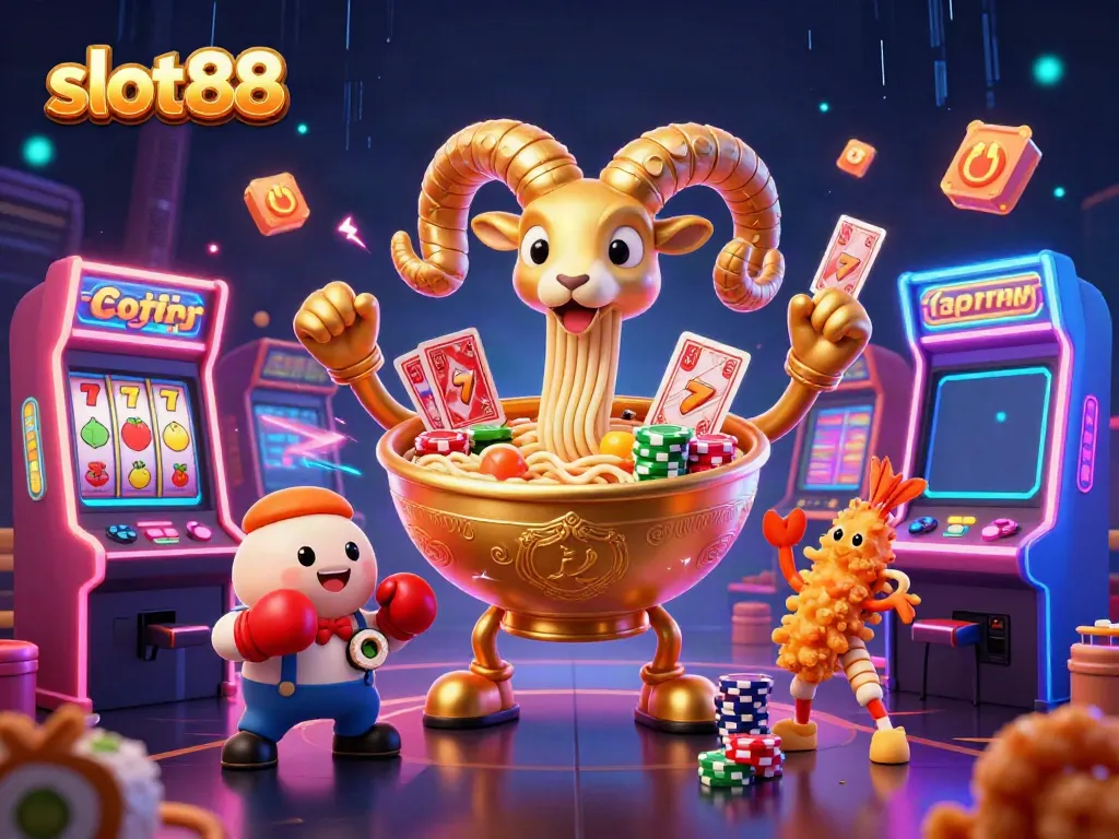 Engage with slot88 through a vibrant 3D casino scene with a golden ramen bowl dealer and lively game elements.