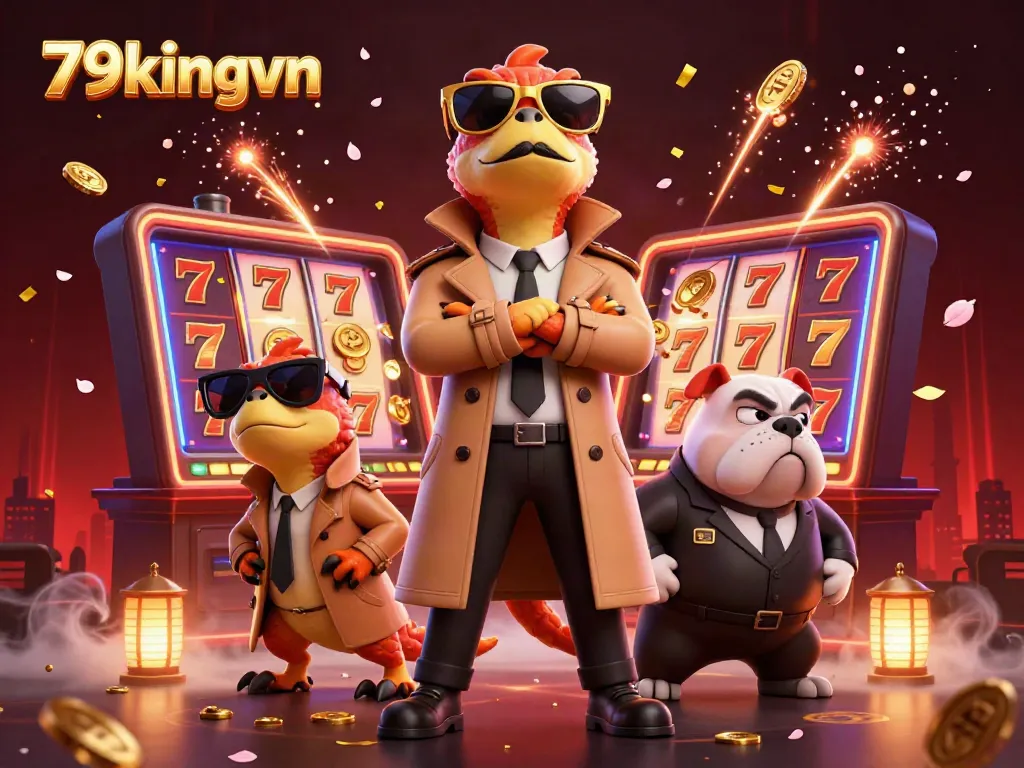 Engage in thrilling gameplay at 79kingvn with cartoon raptors entering a VIP lounge, adorned with vibrant casino elements.