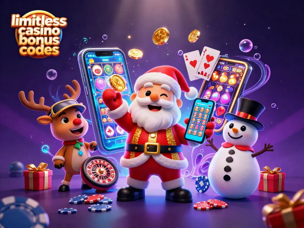 Spin to win with Limitless Casino bonus codes in this vibrant 3D illustration of a festive casino scene.