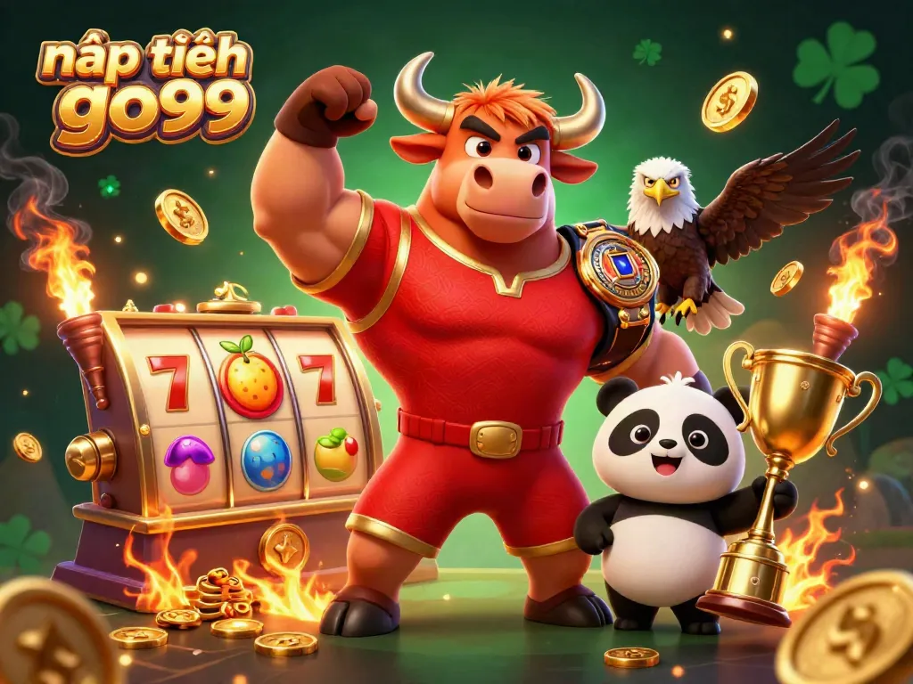 Experience the excitement of nạp tiền go99 in this vibrant 3D illustration featuring an energetic bull, eagle, and panda amidst colorful casino elements.