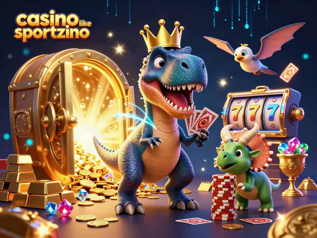 Engaging with vibrant casino like sportzino elements, T-Rex shuffling cards amidst gold treasures.
