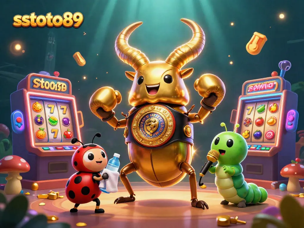 Gambar sstoto89 menunjukkan kepiting tanduk emas bertanding di mesin slot yang berkilau dalam suasana kasino yang meriah.