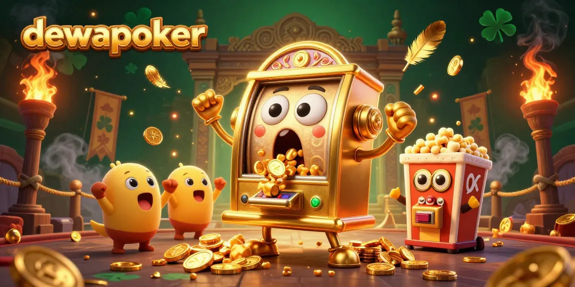Dewapoker slot machine happily winning with coins flooding out in a vibrant, action-packed scene.