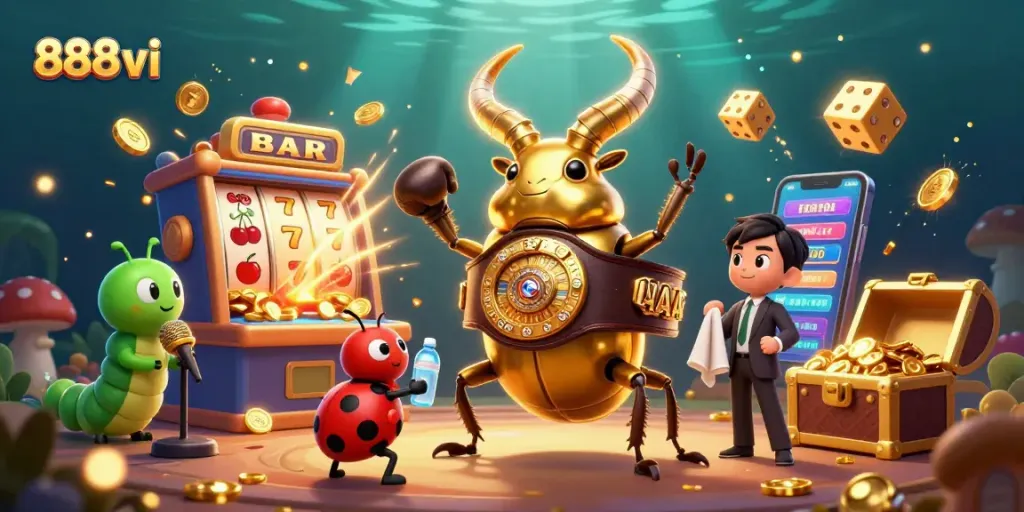Experience the excitement of 888vi with a dynamic illustration of a golden stag beetle in a boxing champion belt.