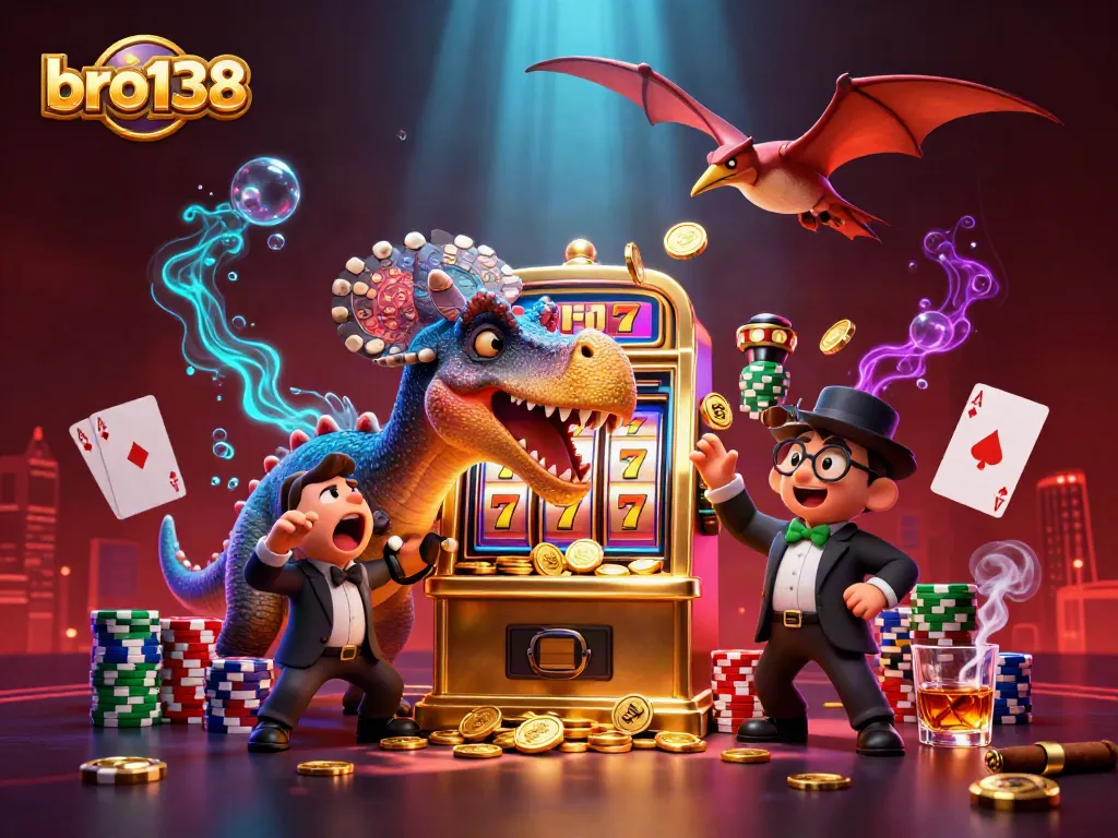 Witness the excitement at bro138 as a pachycephalosaurus turns a slot machine jackpot, amidst colorful chips and casino chaos.