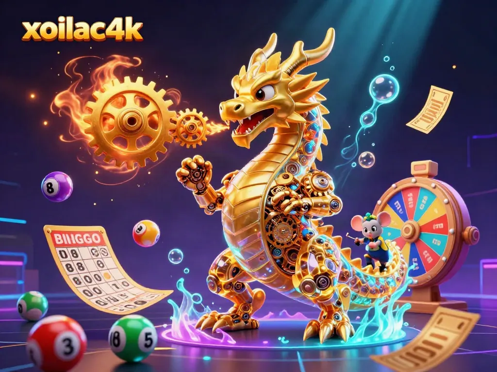 Experience the excitement of xoilac4k with dynamic lottery elements and a golden dragon illustration.