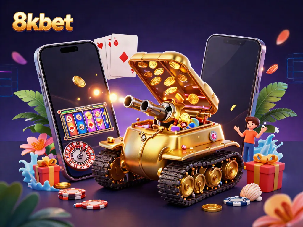 Experience the thrill of 8xbet with this dynamic illustration showcasing a golden beetle casino tank, spinning slot reels, and vibrant gambling elements.