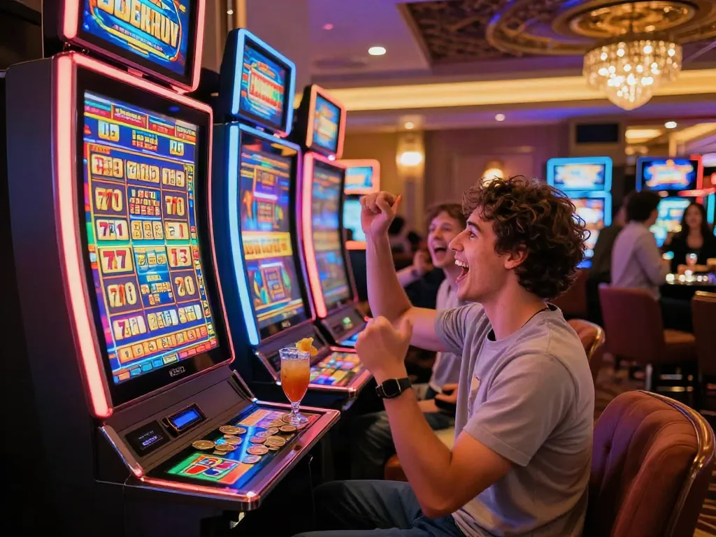 Exciting gaming scene featuring a player enjoying Lucky777 slot machine action with friends celebrating.