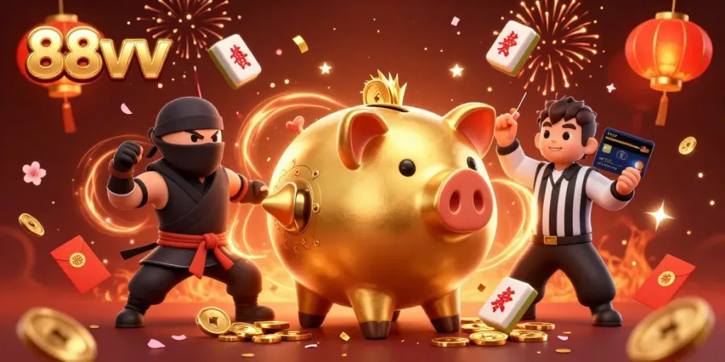 Experience thrilling wins at 88vv with an energetic casino showdown featuring a golden piggy bank sumo wrestler.