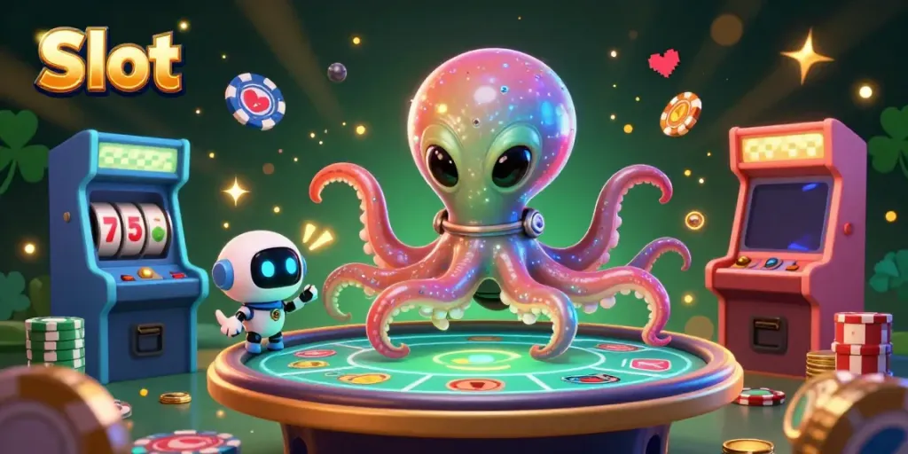 Experience intense gameplay at the Slot with an alien octopus and robot amid vibrant 3D visuals.