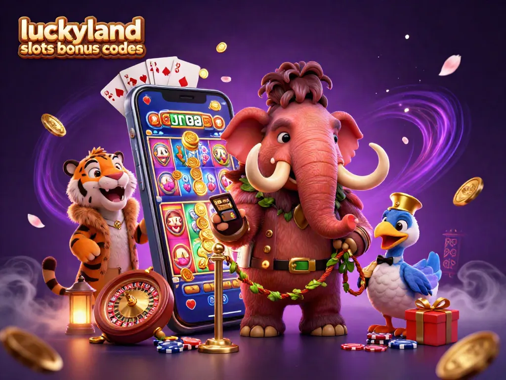 Experience LuckyLand Slots bonus codes with a colorful 3D scene of game elements and characters.