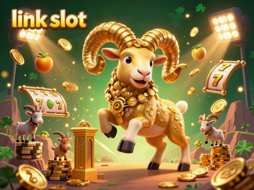 Spin the reels with dynamic action in this vibrant link slot illustration featuring a golden ram and festive casino symbols.