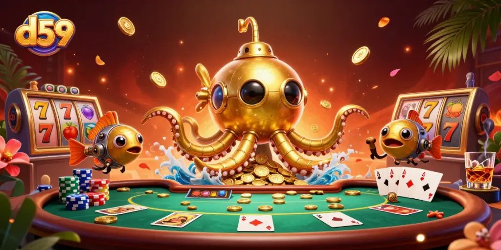 d59 players engaging with a golden kraken submarine amidst vibrant casino games and colorful poker chips