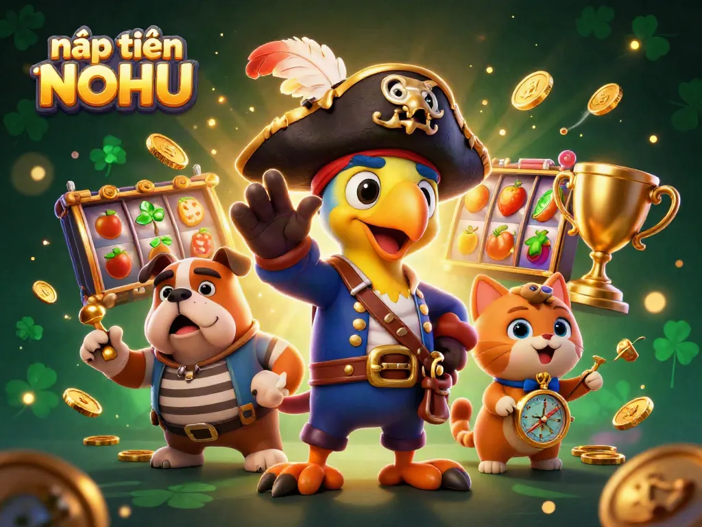Experience the excitement of nạp tiền NOHU in this vibrant casino scene with dynamic slots and colorful characters.