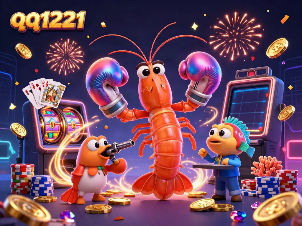 Spin the reels and grab winnings with qq1221 in this vibrant 3D casino scene!