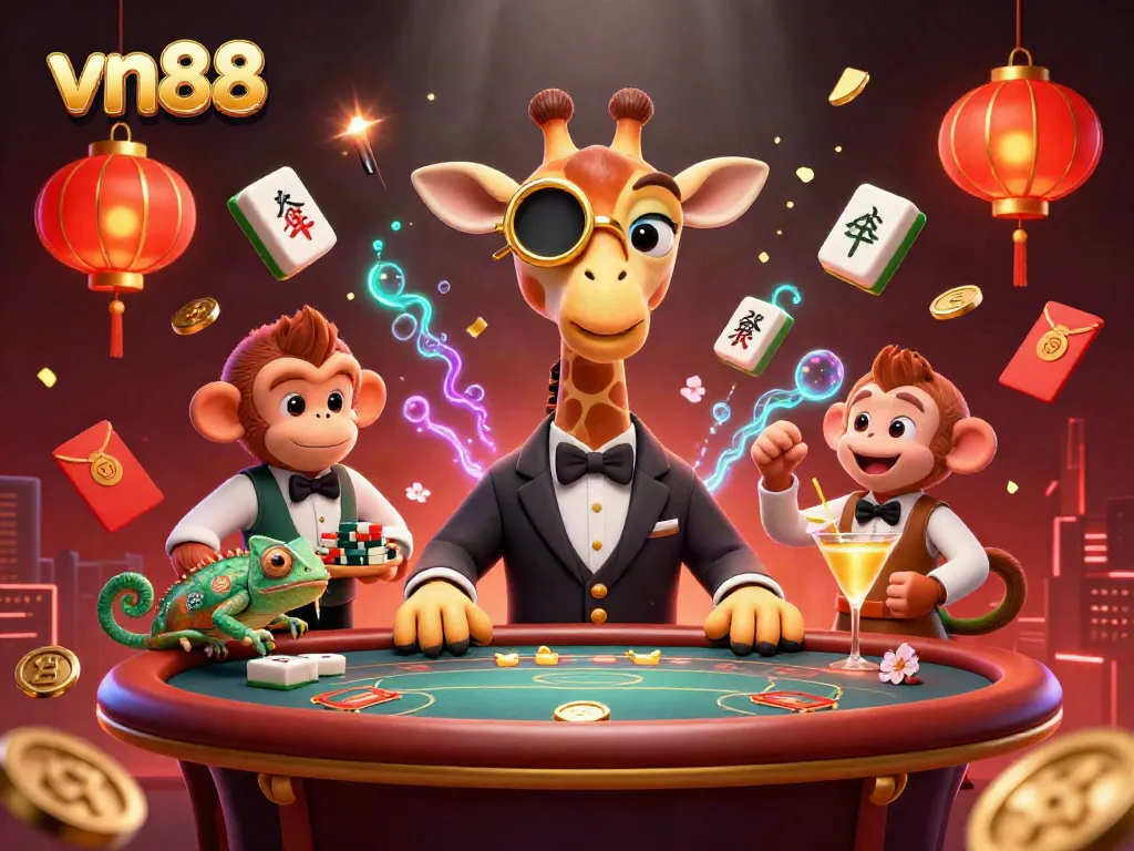 Engage in thrilling gameplay at vn88 with a lively scene featuring unique characters and dynamic casino elements.