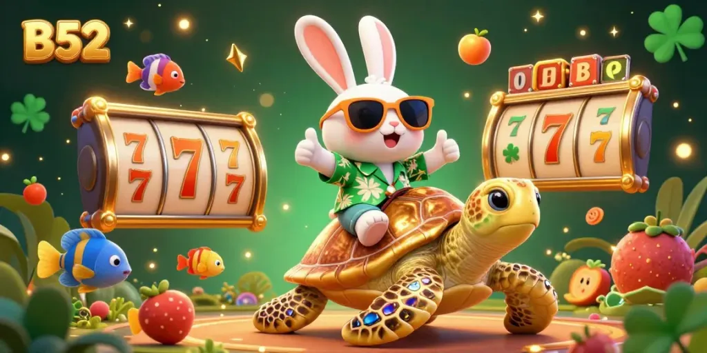 Engage with the B52 casino experience, featuring a lucky rabbit and golden turtle amidst vibrant slot game elements.