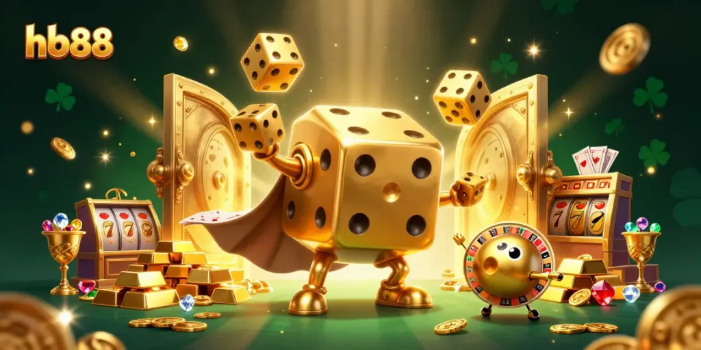 Experience the immersive world of hb88 as golden dice juggle amidst shimmering riches and vibrant casino elements.