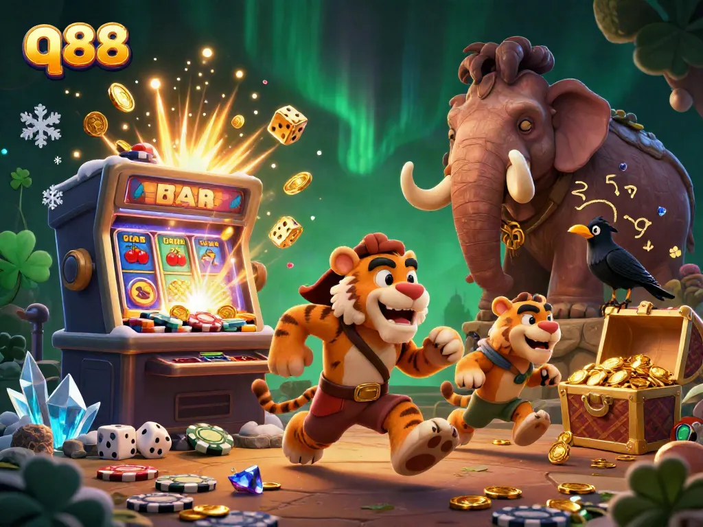 Experience the excitement at q88's prehistoric casino with vibrant slot machines and dynamic game elements.