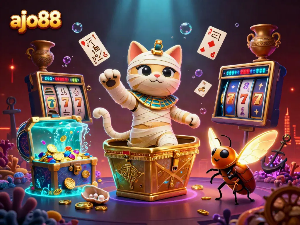 Mummy cat dan scarab beetle beraksi di casino ajo88 dengan slot dan emas berkilauan.