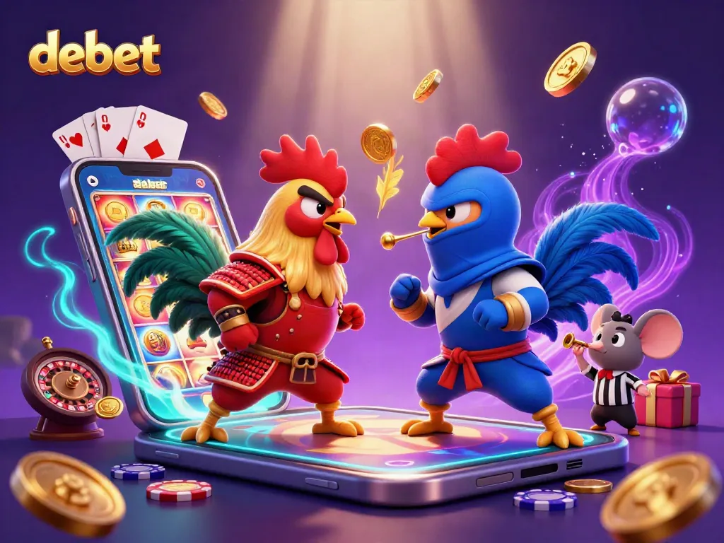 Debet players enjoying a vibrant 3D casino scene with roosters, gaming elements, and exciting atmosphere.
