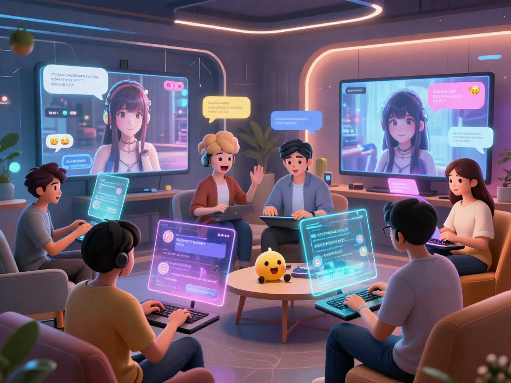 Engaging scene of diverse users in a vibrant hentai ai chat, showcasing lively interactions in a futuristic virtual environment.