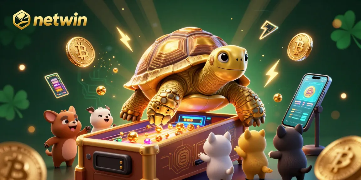 Experience thrilling gaming action at netwin with the golden tortoise pinball machine amidst cryptocurrency elements.