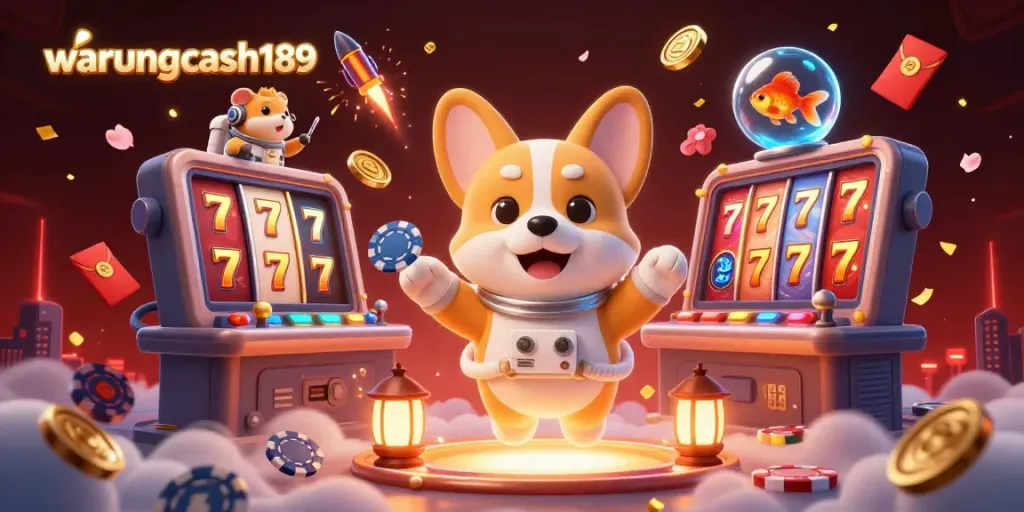 Experience the thrill at warungcash189 with a floating casino scene showcasing an astronaut corgi and vibrant slot elements.