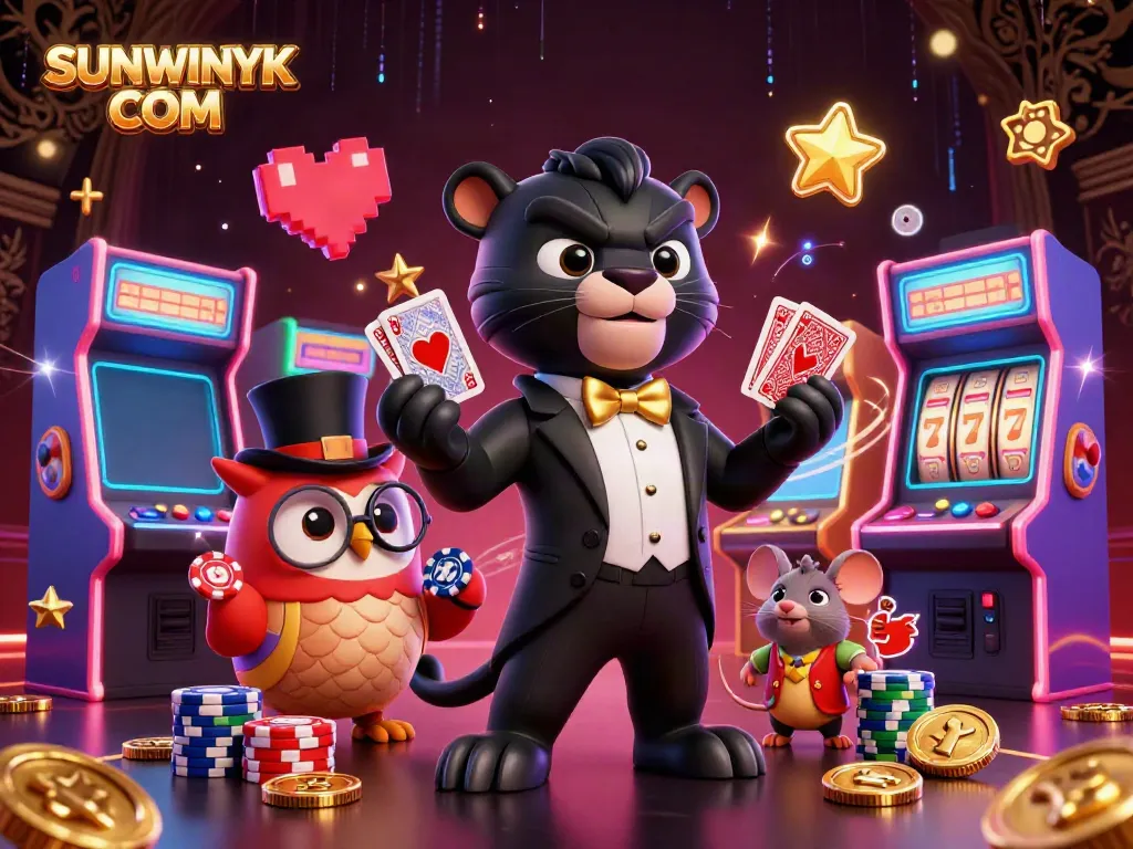 Engage with the excitement of SUNWINYK COM as a black panther dealer shares cards in a vibrant gambling scene.