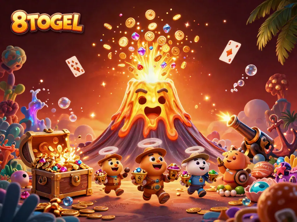 Experience the thrill of 8TOGEL with a vibrant volcanic jackpot erupting coins and gems, showcasing online gambling excitement.