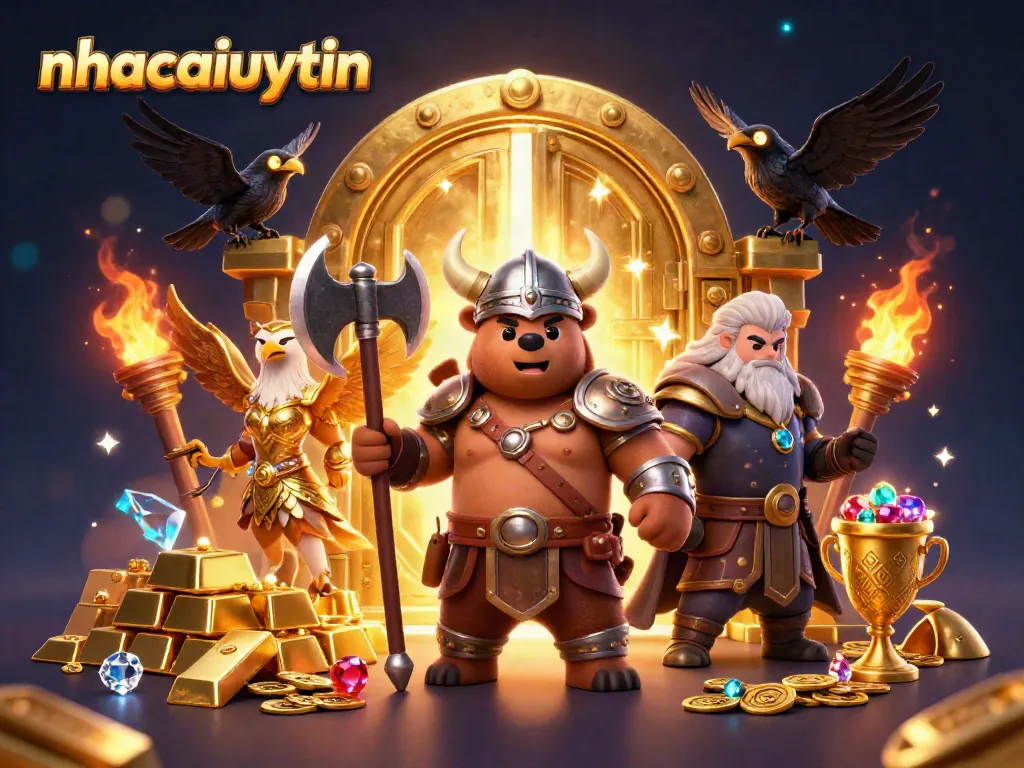 Nhacaiuytin showcases a Viking bear, Valkyrie eagle, and treasure in a dynamic casino scene.