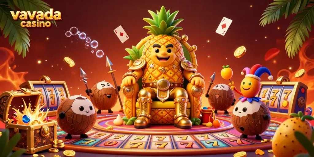 Experience the thrill of vavada casino with vibrant slots and characters in a lively casino illustration.