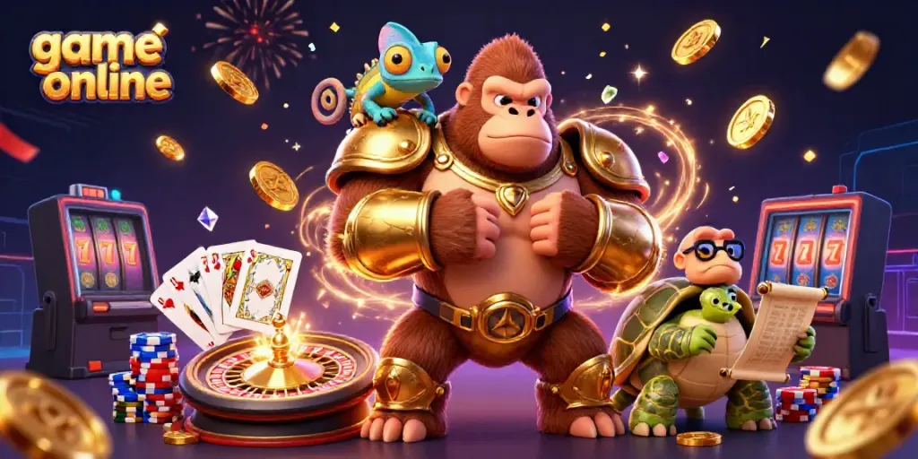 Experience thrilling game online action with vibrant characters and dynamic casino elements in 3D illustration.