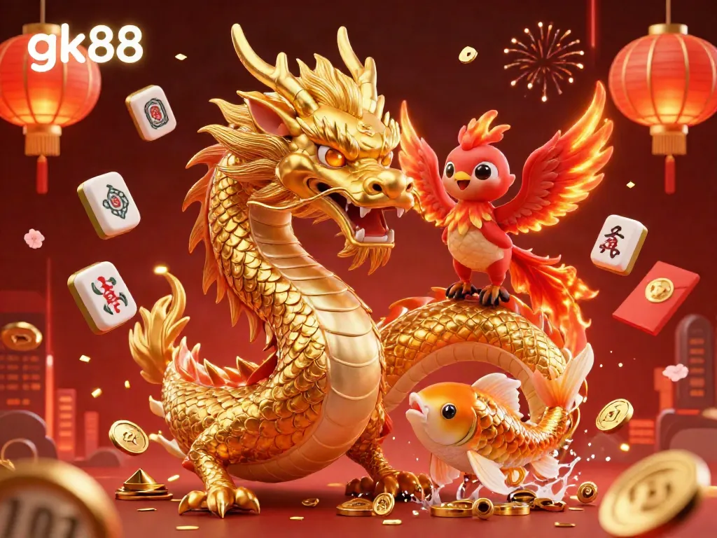 Experience thrilling gk88 moments with a dragon, phoenix, and koi fish surrounded by festive casino elements.