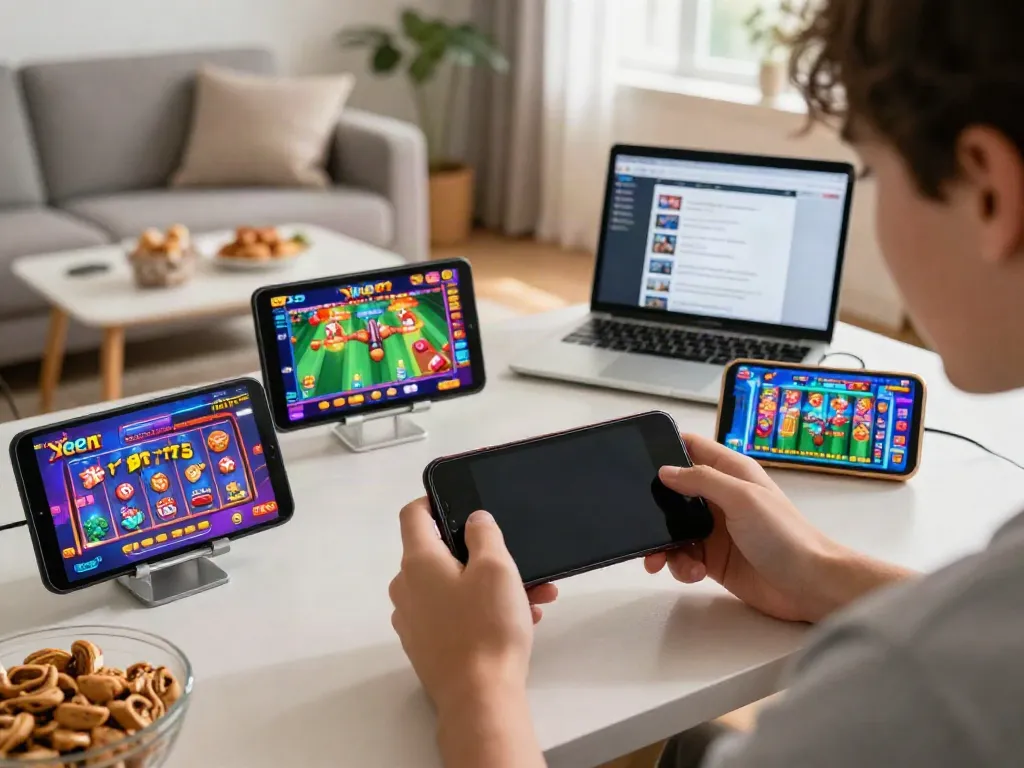 Casual gaming experience with Yono Arcade on a smartphone, highlighting vibrant game interfaces in a cozy living room.