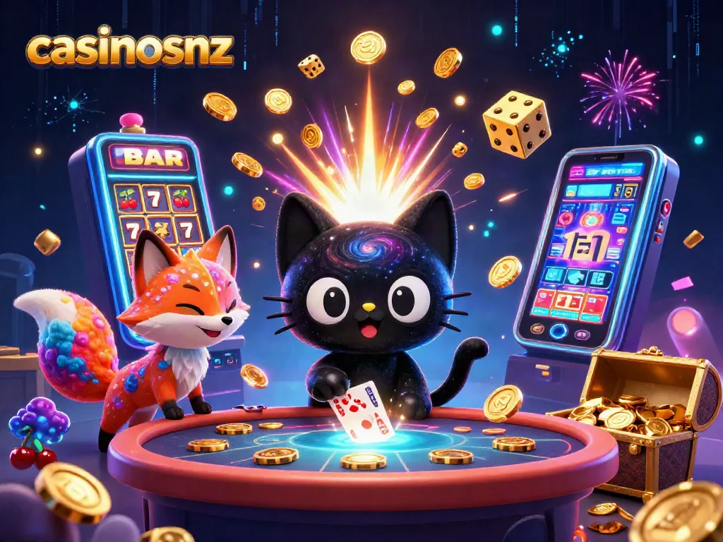 Engage with casinosnz in a vibrant cosmic casino adventure featuring dynamic characters and thrilling game elements.