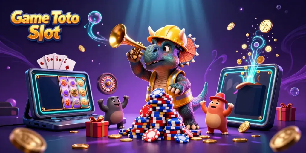 Tampilkan Game Toto Slot yang seru dengan triceratops membangun chip poker dan perayaan oleh dinosaurus lain.