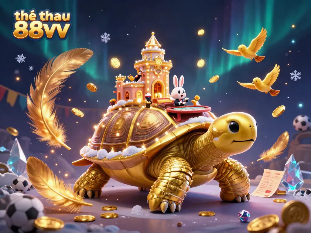 Engage with thể thao 88vv betting at a vibrant casino scene featuring a golden tortoise and a rabbit dealer.