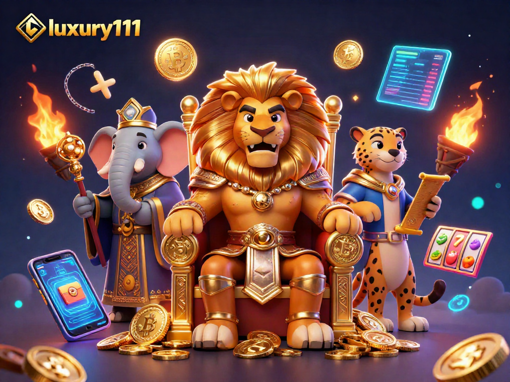 Join luxury111's throne with a lion king, wise elephant, and fast cheetah amidst glowing crypto coins.