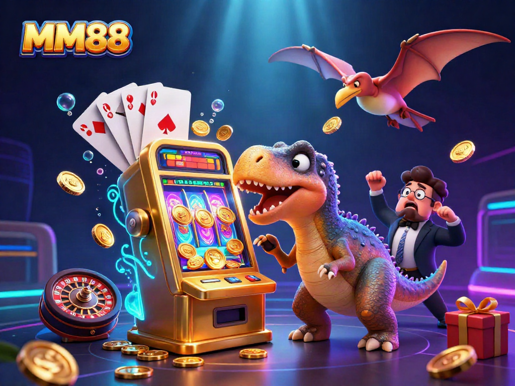 MM88 casino scene showcasing a pachycephalosaurus winning jackpots, vibrant gaming elements