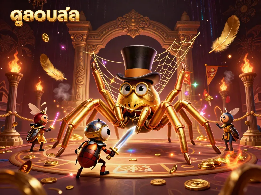Catch the excitement of ดูบอลสด with a detailed fantasy illustration of a giant tarantula and beetle knight in a vibrant casino setting.
