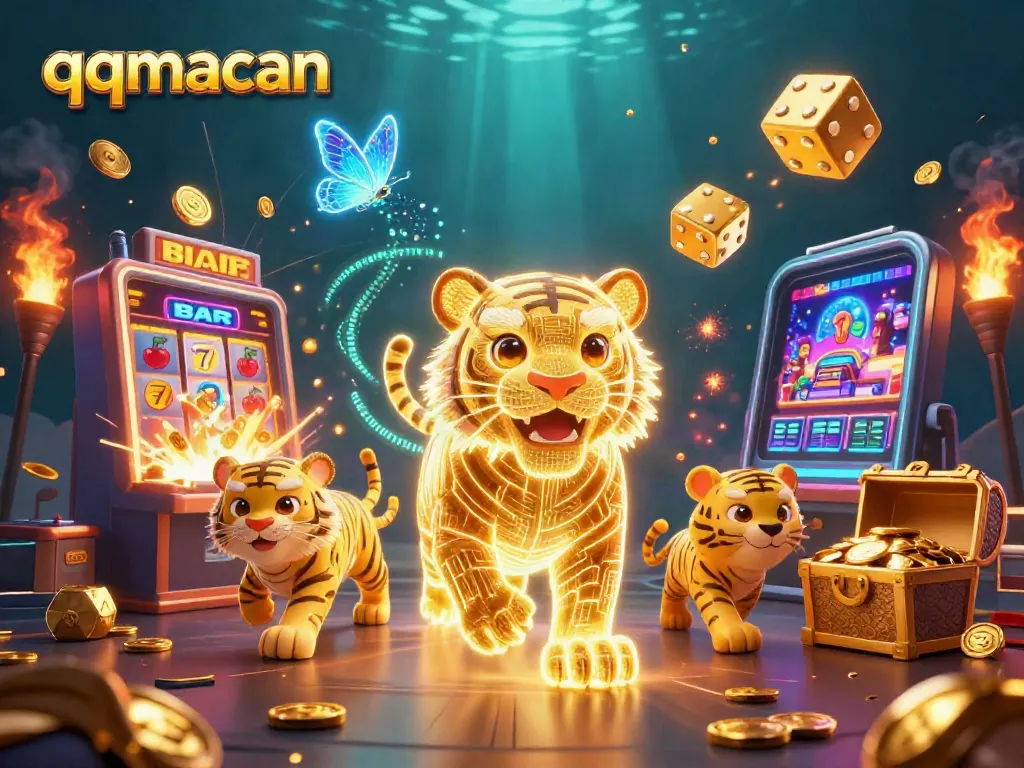 Engage with intriguing gaming opportunities at qqmacan, featuring a golden tiger in a vibrant casino scene.
