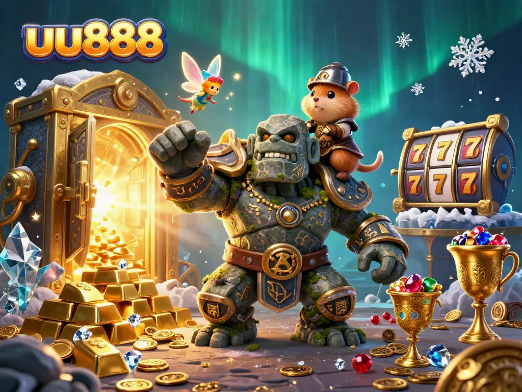 Experience winning magic at uu888 with an enchanting golem, fairy, and hamster knight amidst treasures.
