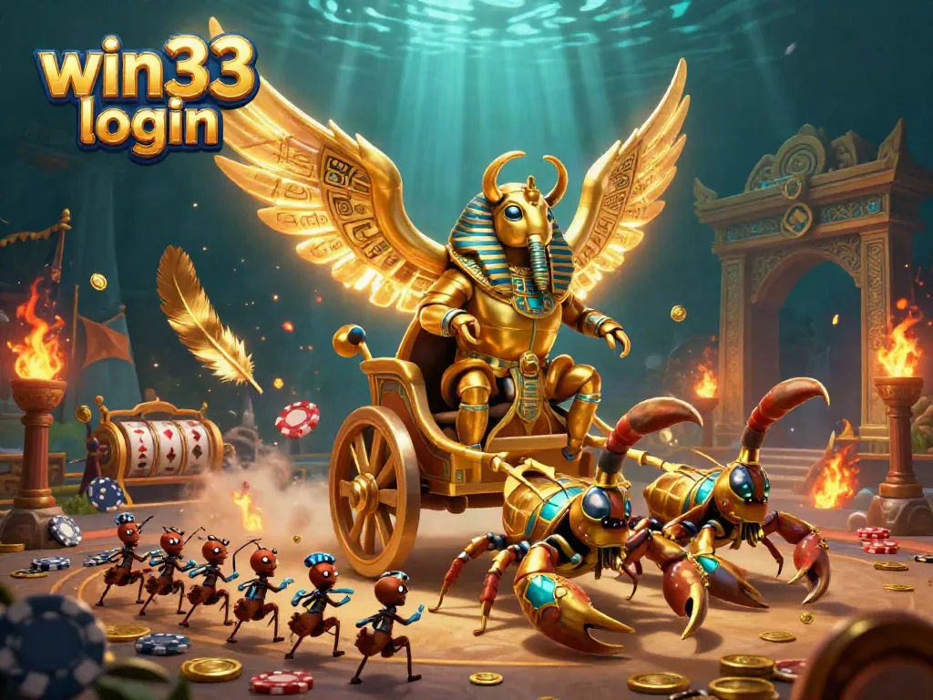Experience the excitement of win33 login in this vibrant 3D illustration of a golden scarab beetle leading a dynamic casino scene.