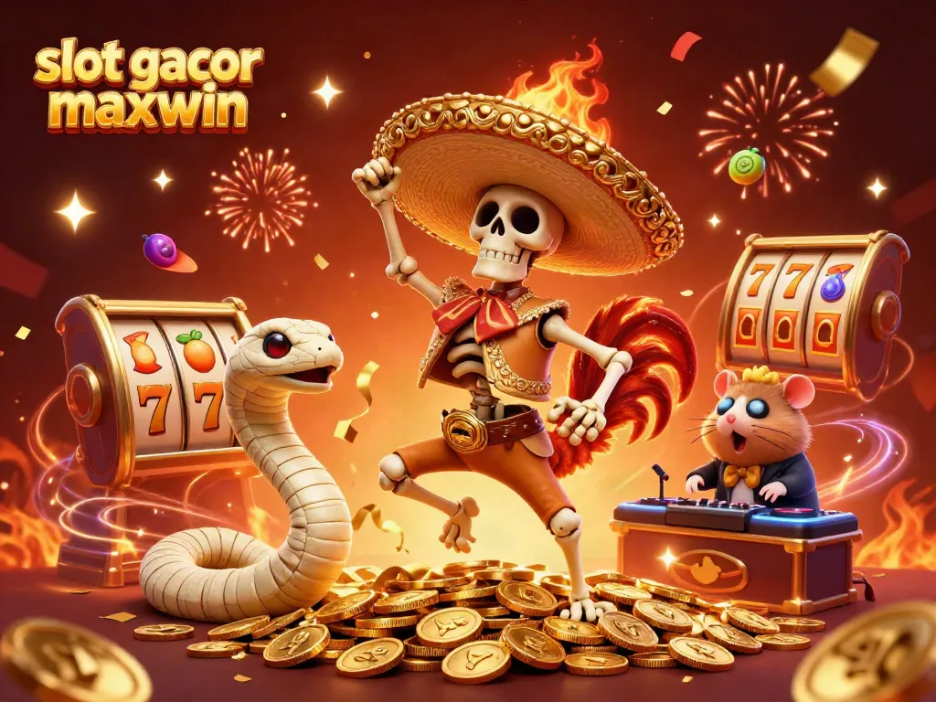 Celebrating the thrill of slot gacor maxwin with vibrant characters and casino elements in an energetic scene.
