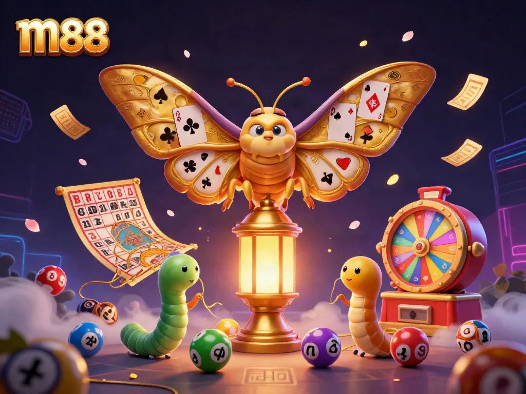 Engage with exciting m88 gaming experiences featuring vibrant lottery scenes and gold accents.