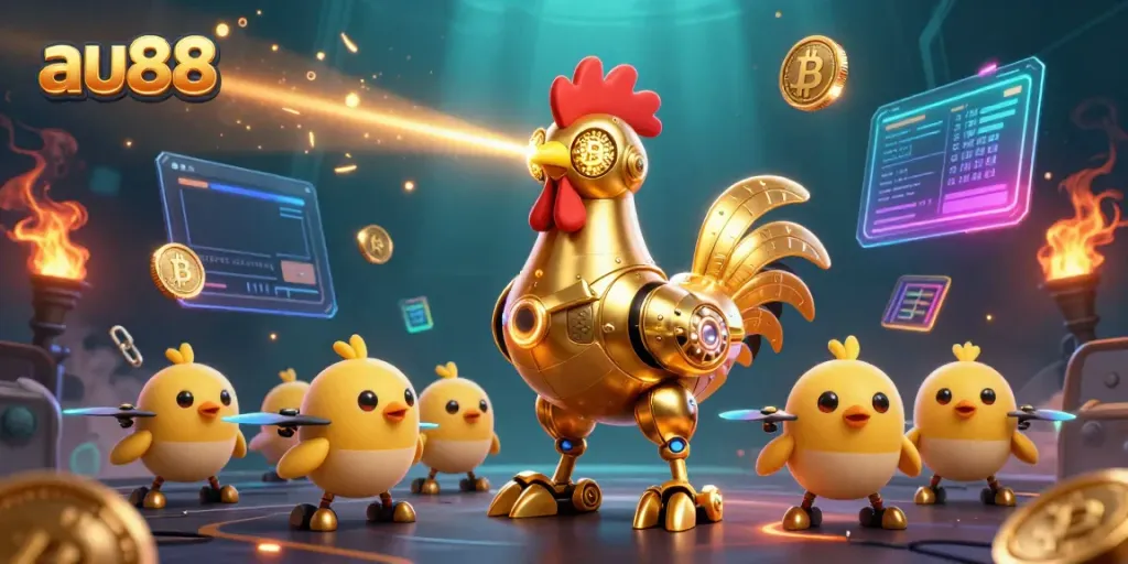 Experience the thrill of gaming at au88 with a futuristic golden rooster robot and crypto elements.