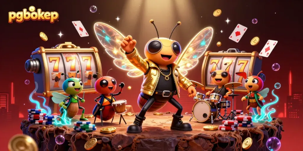Experience the excitement of pgbokep with a vibrant, cartoonish casino scene alive with action and color.